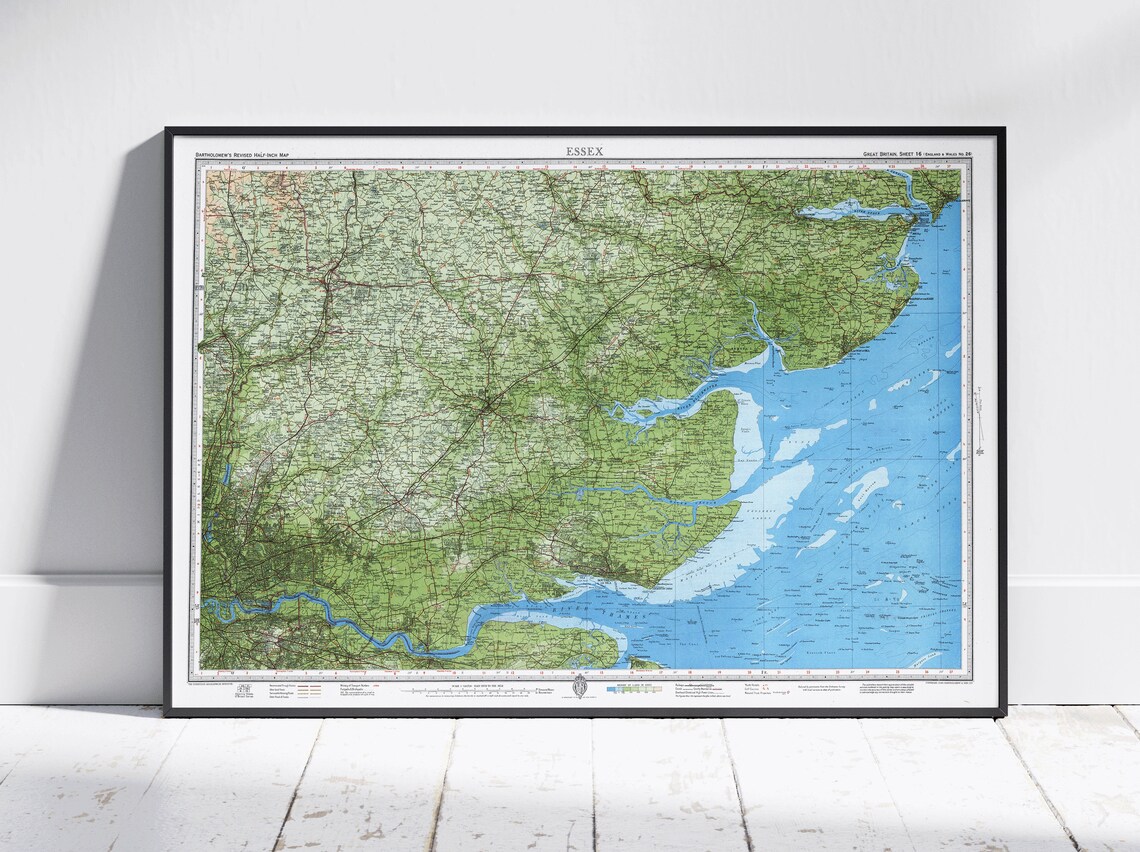 Vintage Essex England County Map Green Countryside Coastal Atlas Art Poster