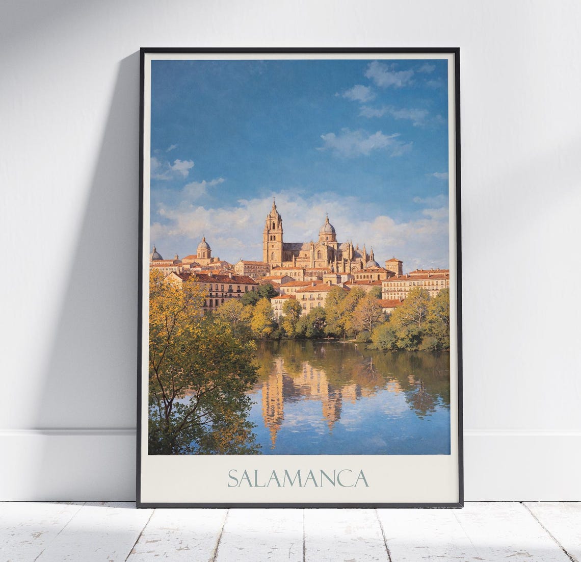 Salamanca Spain Cathedral River Reflection Painted Travel Poster