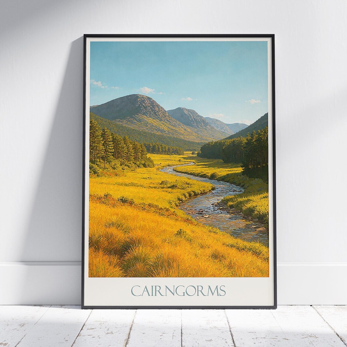 Cairngorms Golden Valley River Mountains Scotland Travel Poster