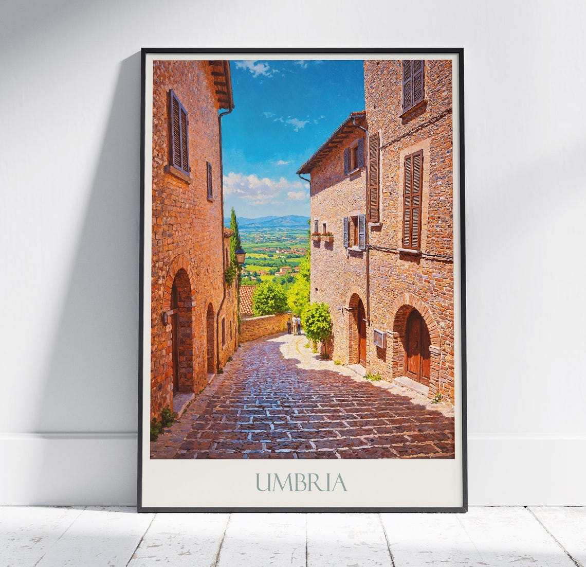 Umbria Italy Charming Hilltop Cobblestone Street Painted Art Poster