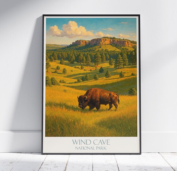 Wind Cave National Park Bison On Golden Prairie Vintage Poster