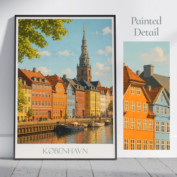 Copenhagen Travel Poster Nyhavn Canal Denmark Painted Cityscape Art Print Home Decor Framed Vacation Gift