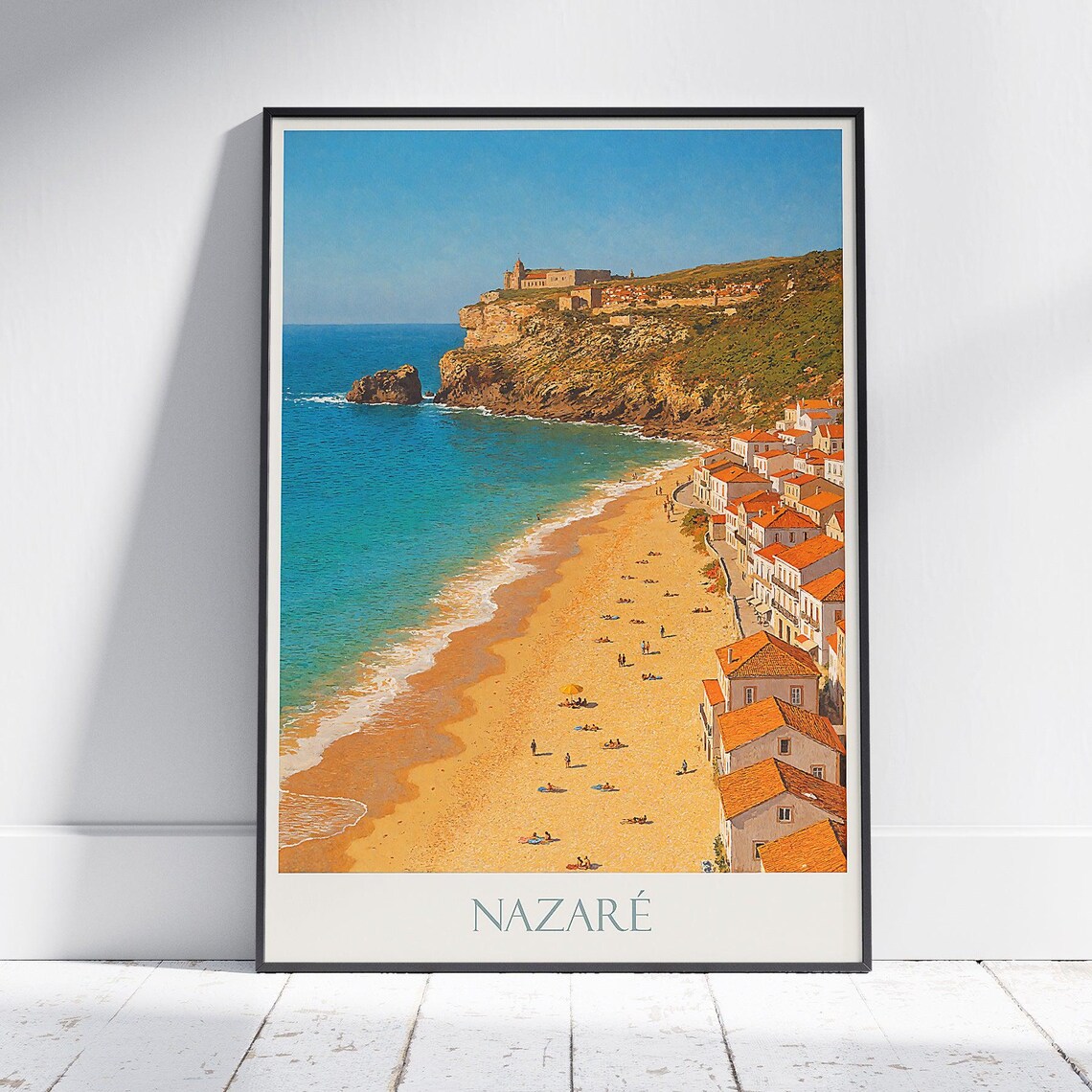 Nazare Portugal Beach Cliffside Town Sunny Coastal Travel Poster