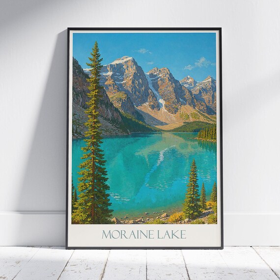 Moraine Lake Banff Travel Poster with Turquoise Water and Snowy Peaks