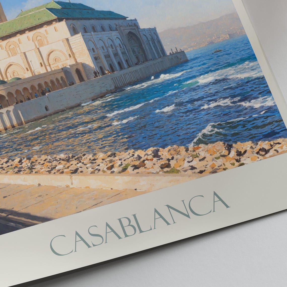 Casablanca Morocco Hassan II Mosque Seaside Painted Travel Poster - Image 2