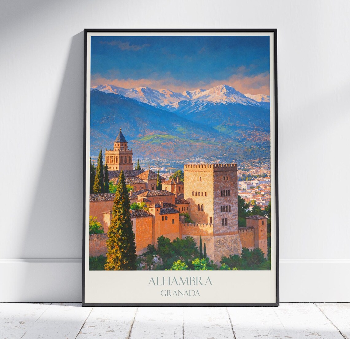 Alhambra Granada Spain Palace Sierra Nevada Painted Travel Poster