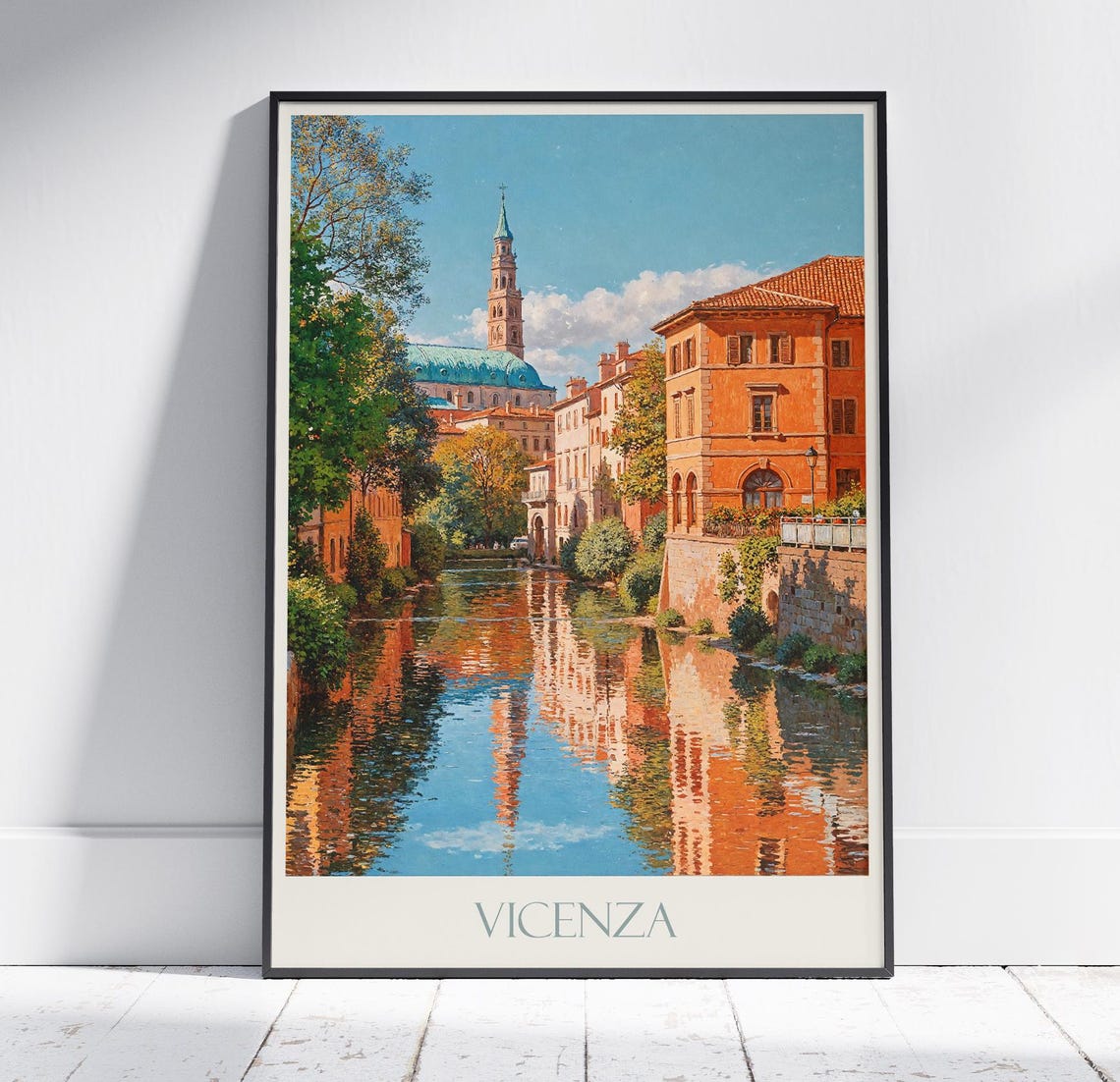 Vicenza Italy Canal Reflections Basilica Vintage Style Travel Poster