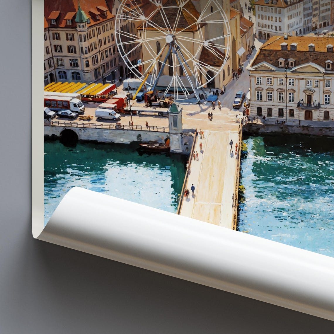 Zürich Switzerland Old Town Ferris Wheel Bridge Summer Painted Poster - Image 3