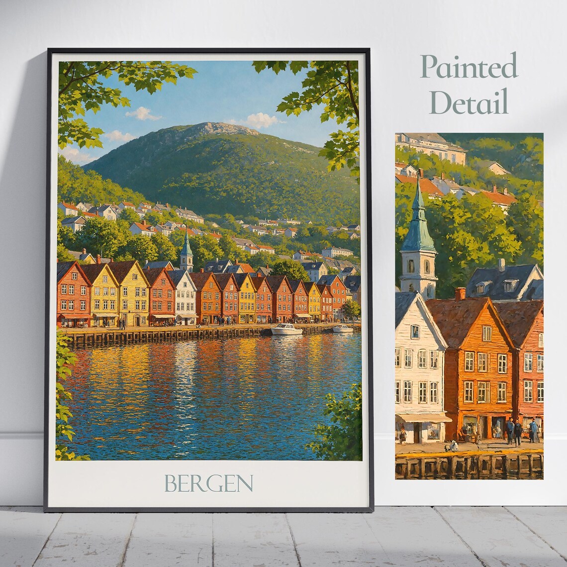 Bergen Bryggen Wharf Colorful Harbor Houses Norway Travel Poster
