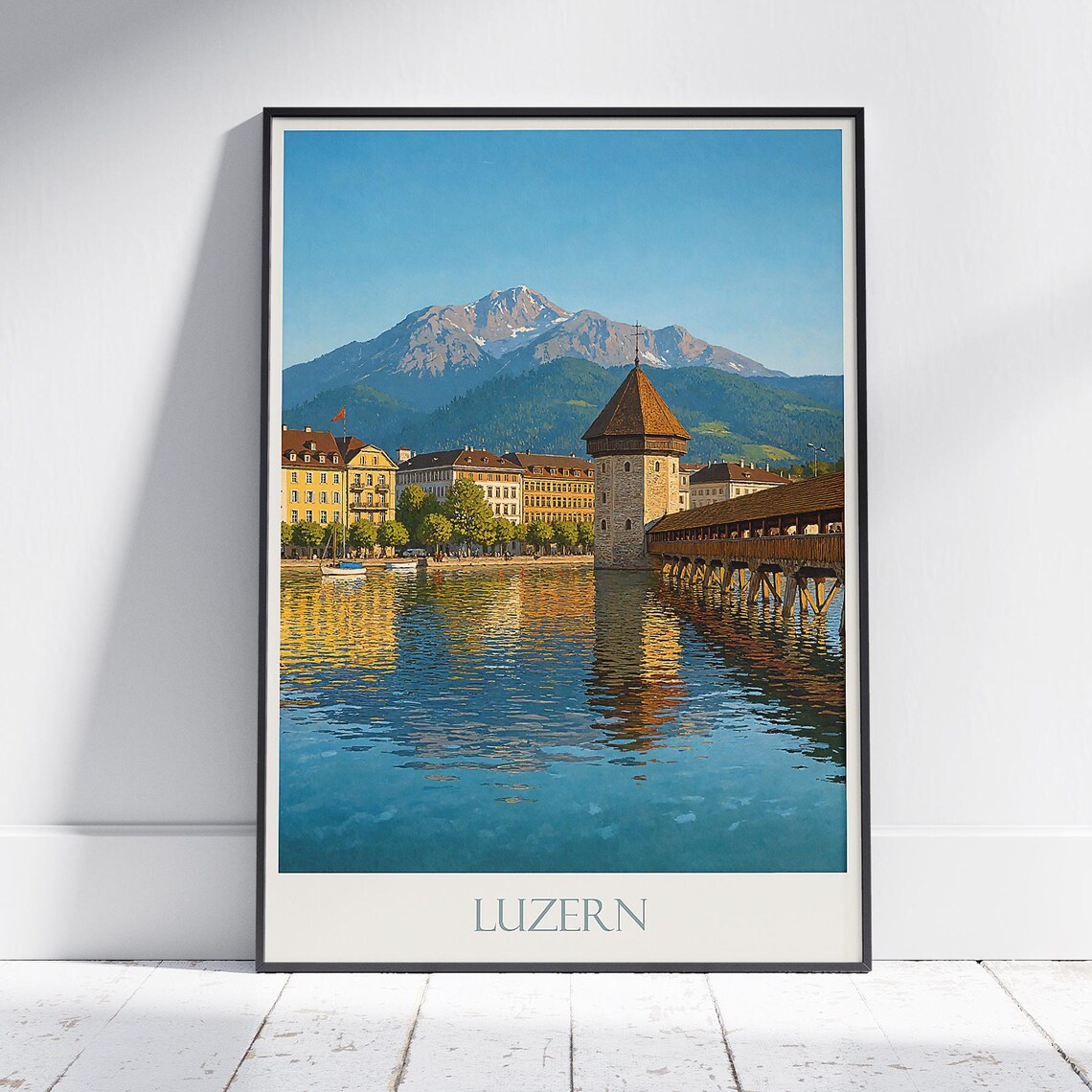 Lucerne Switzerland Chapel Bridge Mount Pilatus Lake Scene Poster