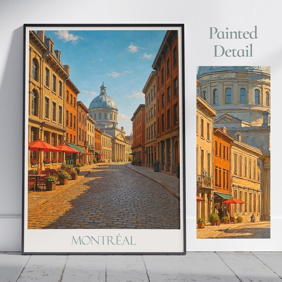 Montreal Canada Painted Travel Poster Old Town Cobblestone Street