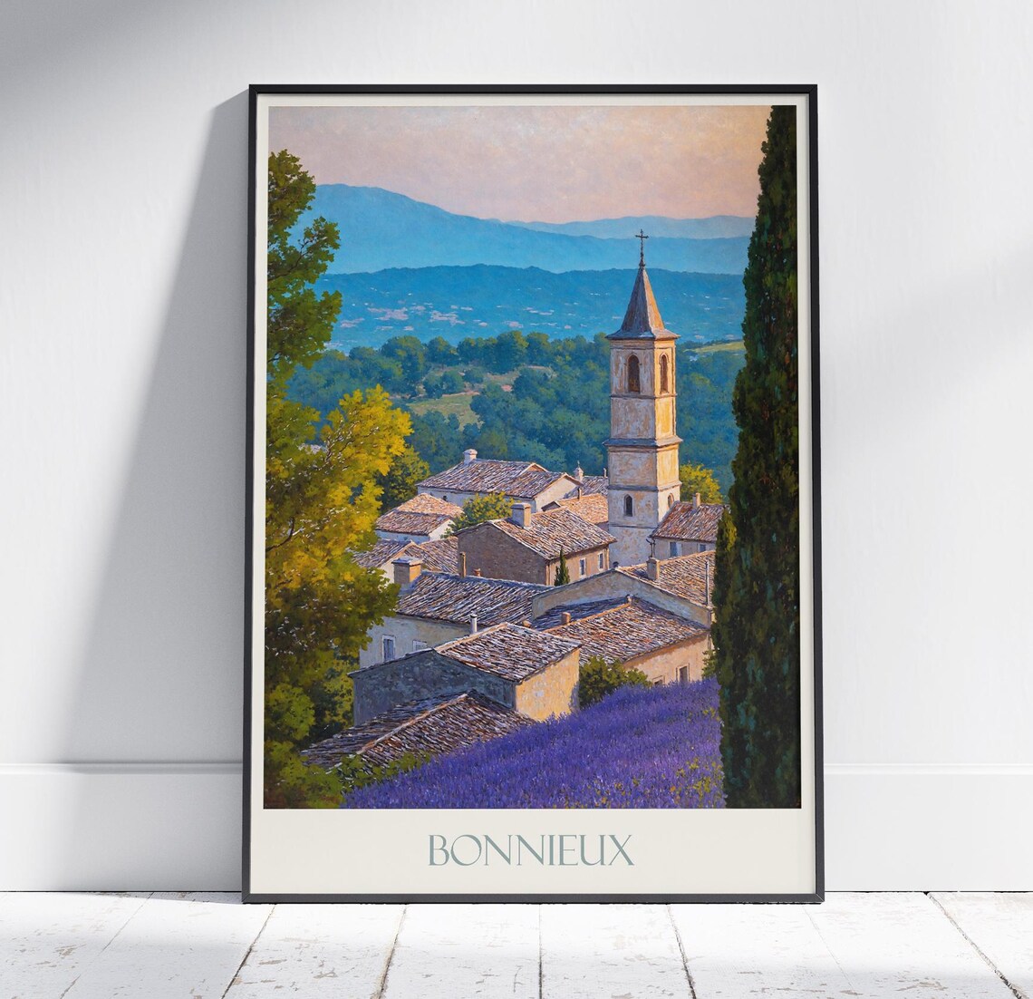 Bonnieux Provence Travel Poster Lavender Fields and Church Village Art