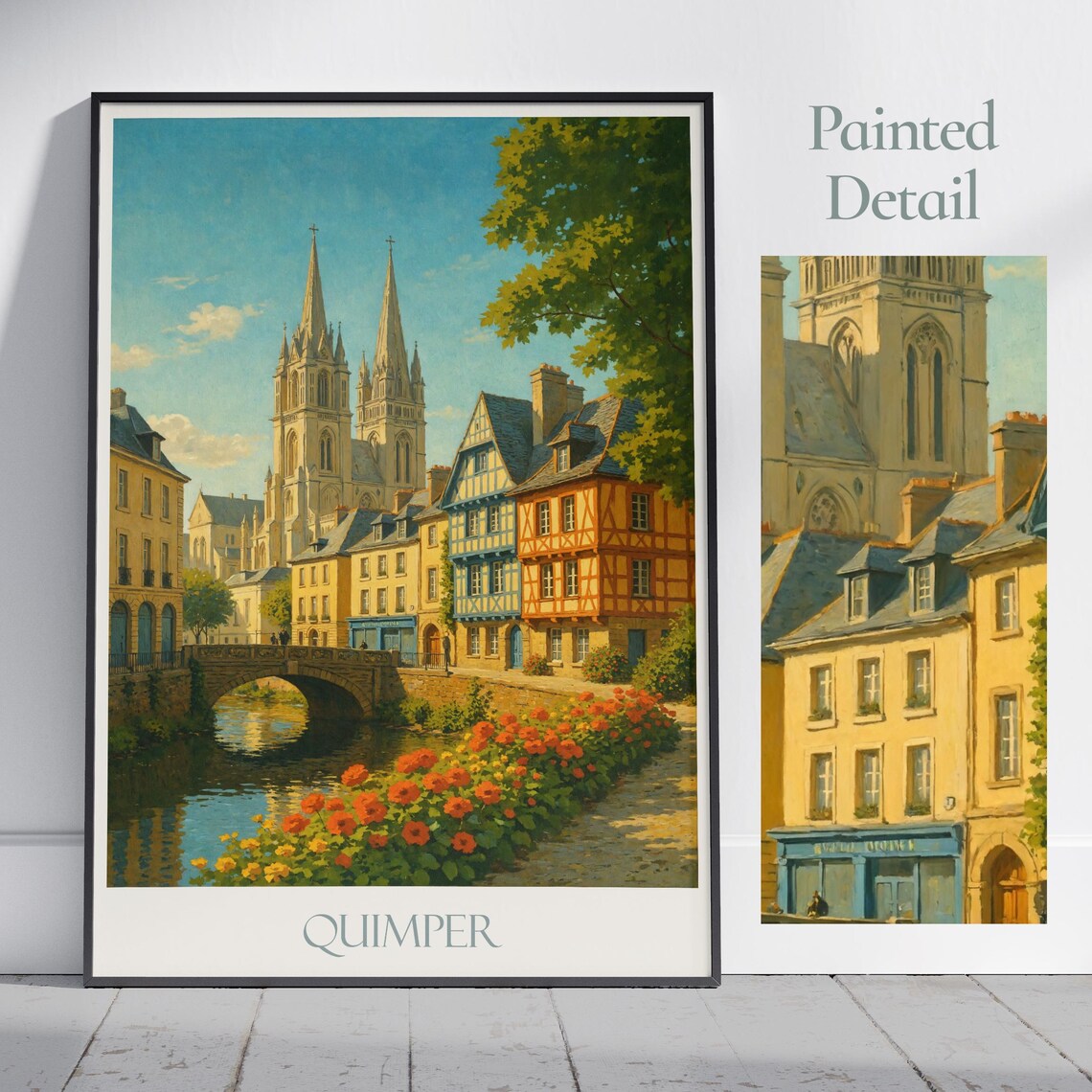 Quimper Brittany France Cathedral River Bridge Painted Travel Poster