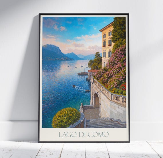 Lake Como Travel Print Italy Travel Poster Painted Wall Art Home Decor Framed Personalized Print Vacation Travel Gift