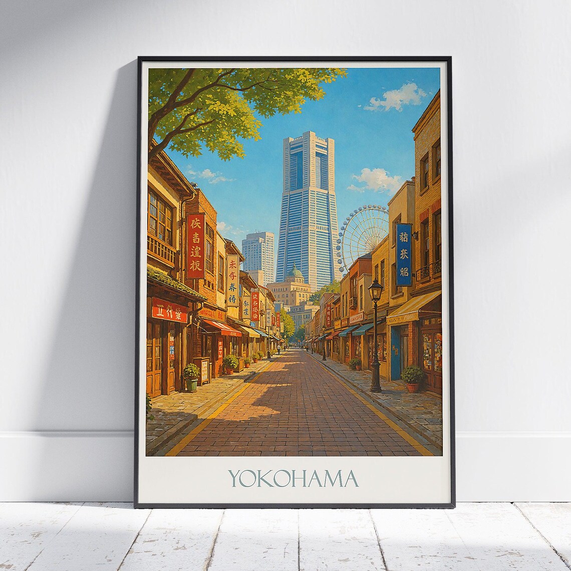 Yokohama Retro Street Landmark Tower Ferris Wheel Cityscape Poster