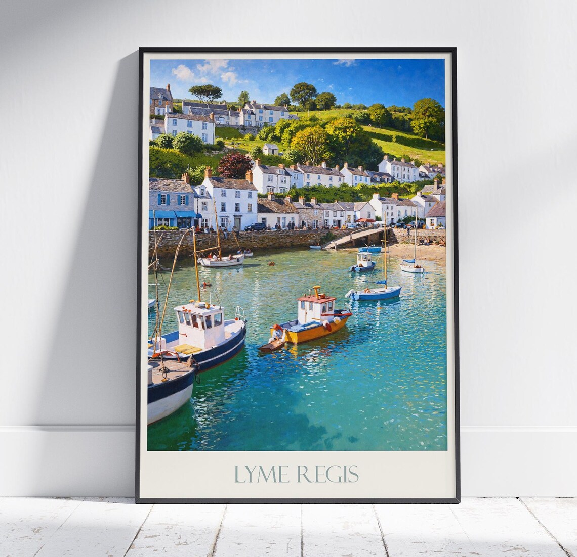 Lyme Regis Harbor Fishing Boats Turquoise Water Travel Poster