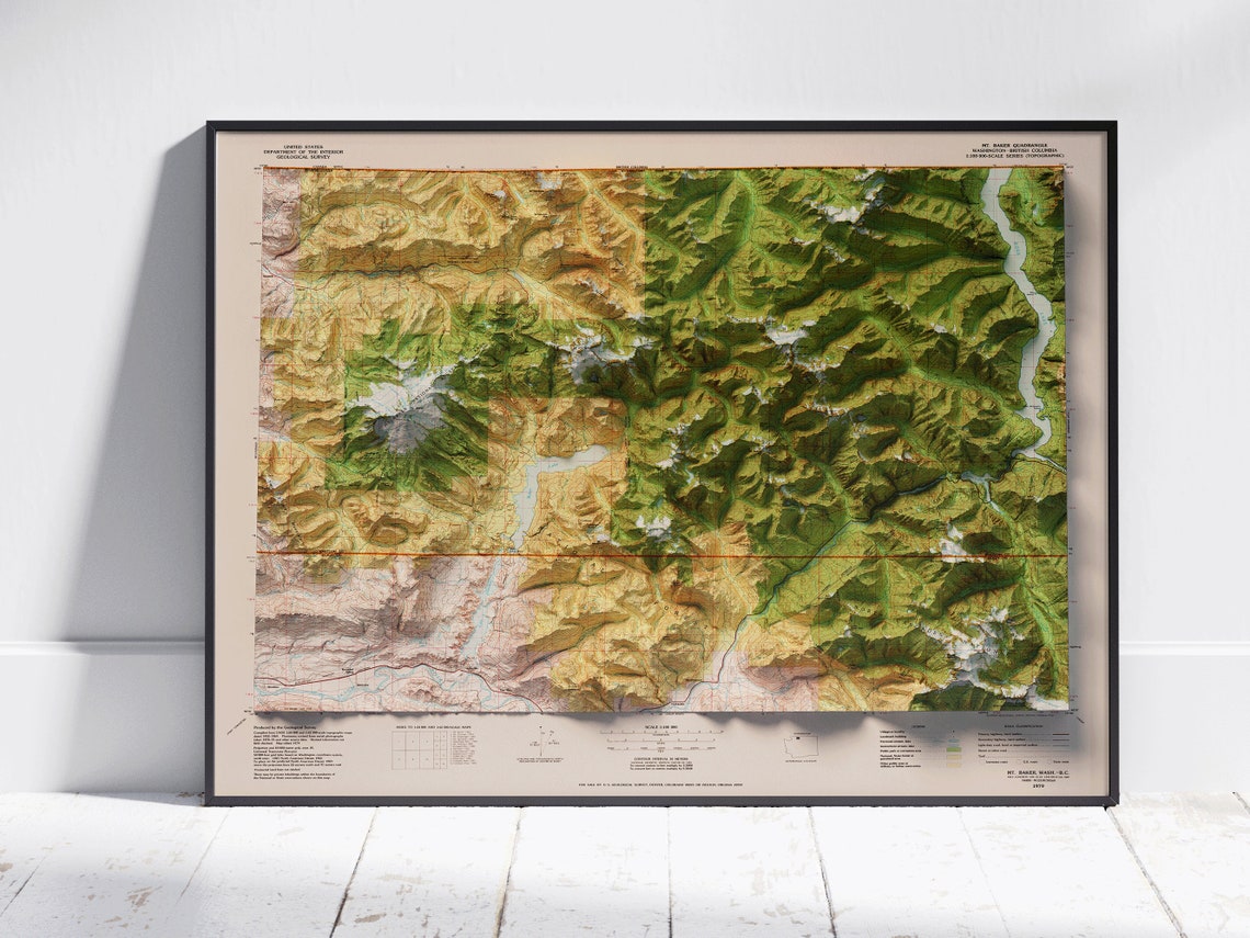 Mount Baker Washington Shaded Relief Vintage USGS Map Poster