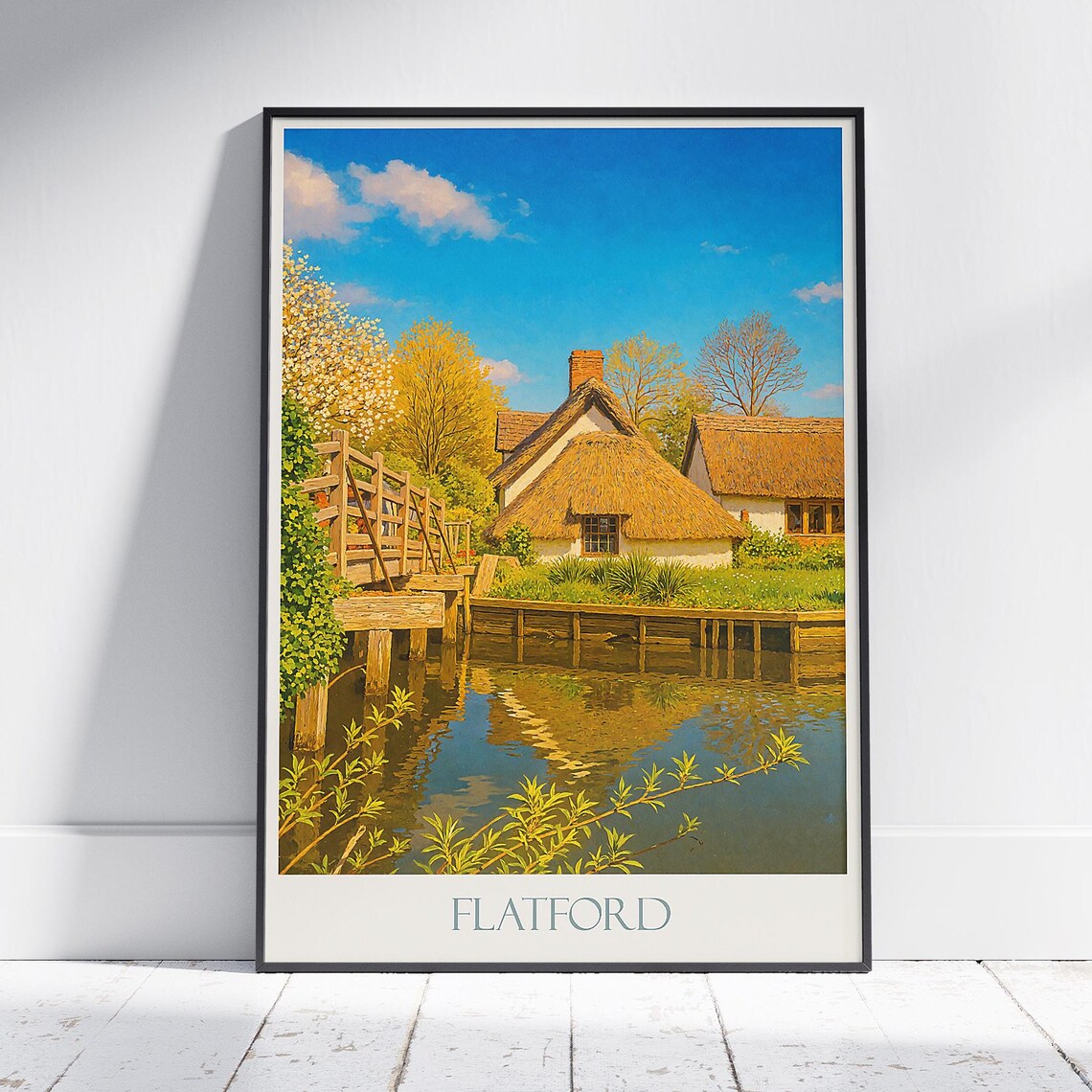 Flatford Suffolk Thatched Cottage Wooden Bridge River Travel Poster