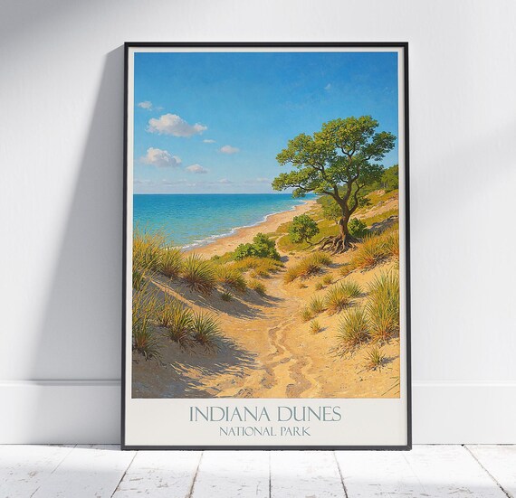 Indiana Dunes National Park Lake Michigan Sandy Beach Vintage Poster