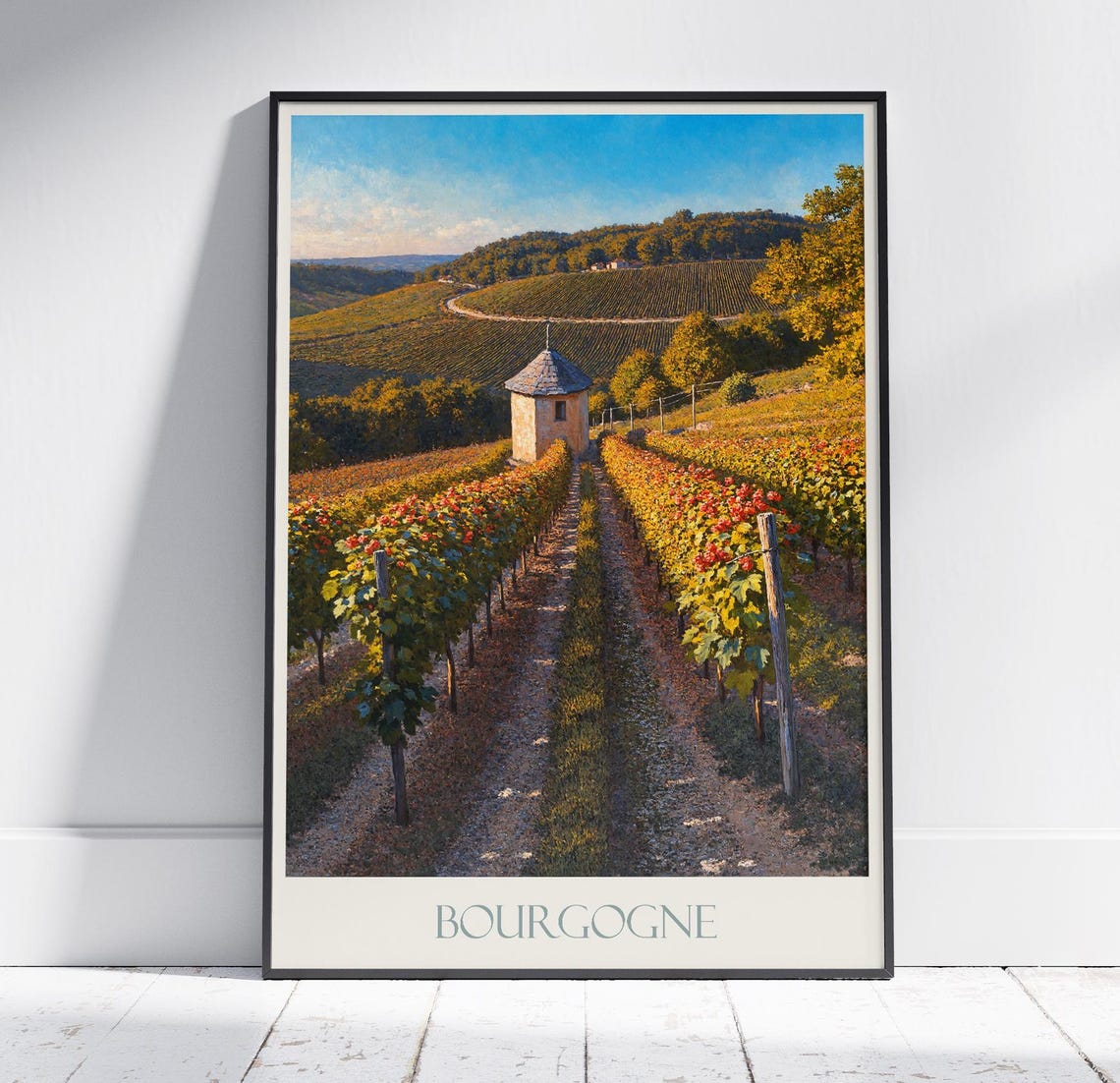 Burgundy France Vineyard Rows Stone Hut Autumn Travel Poster