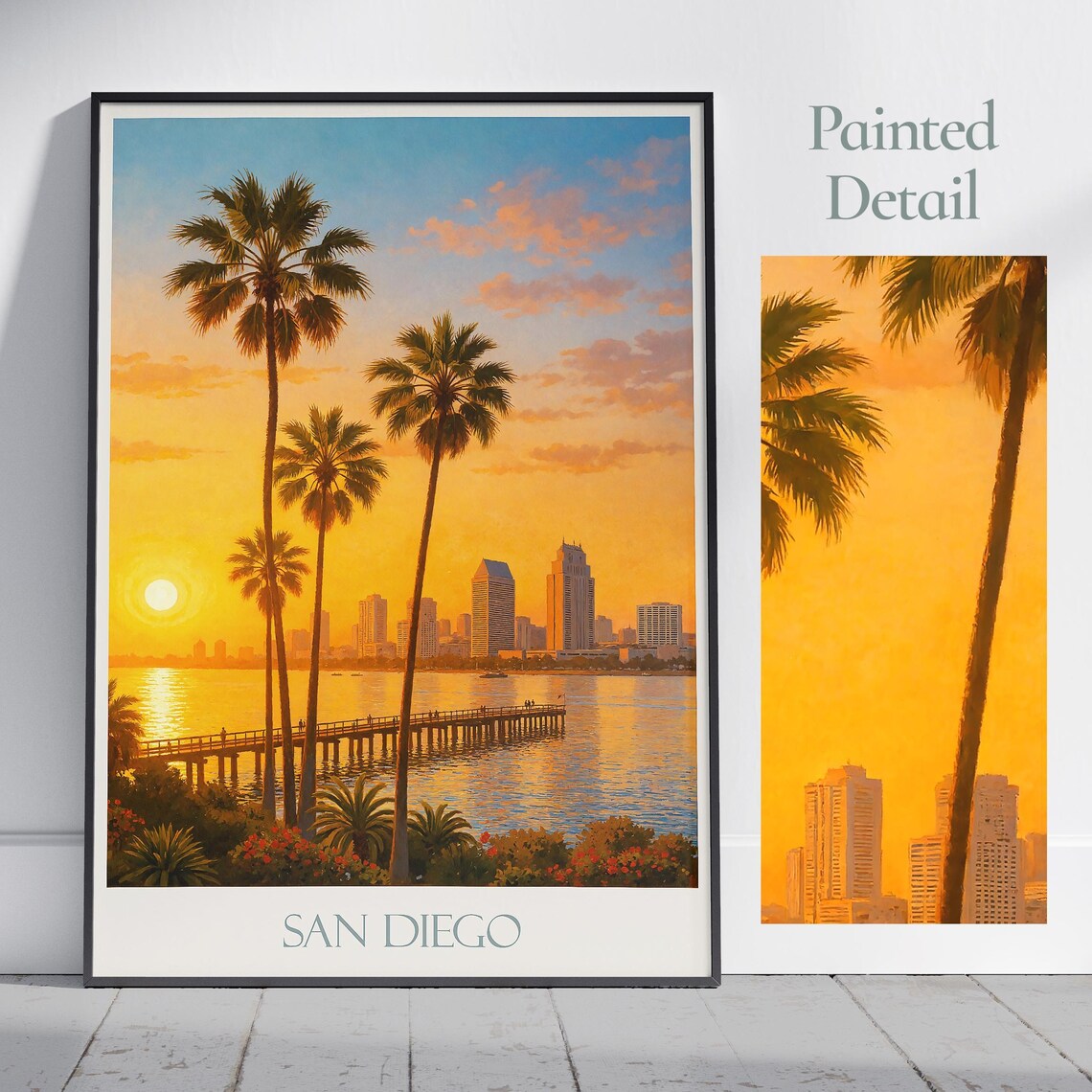 San Diego Golden Sunset Skyline Palms Waterfront Travel Poster
