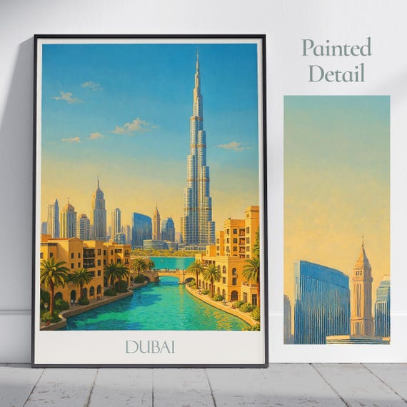Dubai Travel Poster Uae Painted Wall Art Print Home Decor Burj Khalifa Cityscape Vacation Gift