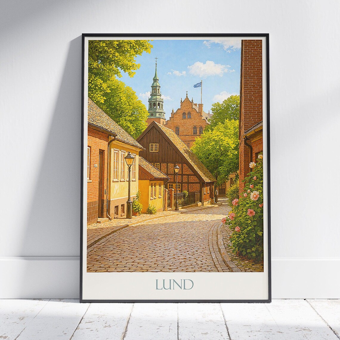 Lund Sweden Old Town Cobblestone Street Vintage Travel Poster