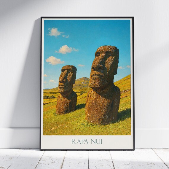 Rapa Nui Easter Island Moai Stone Statues Grassland Travel Poster