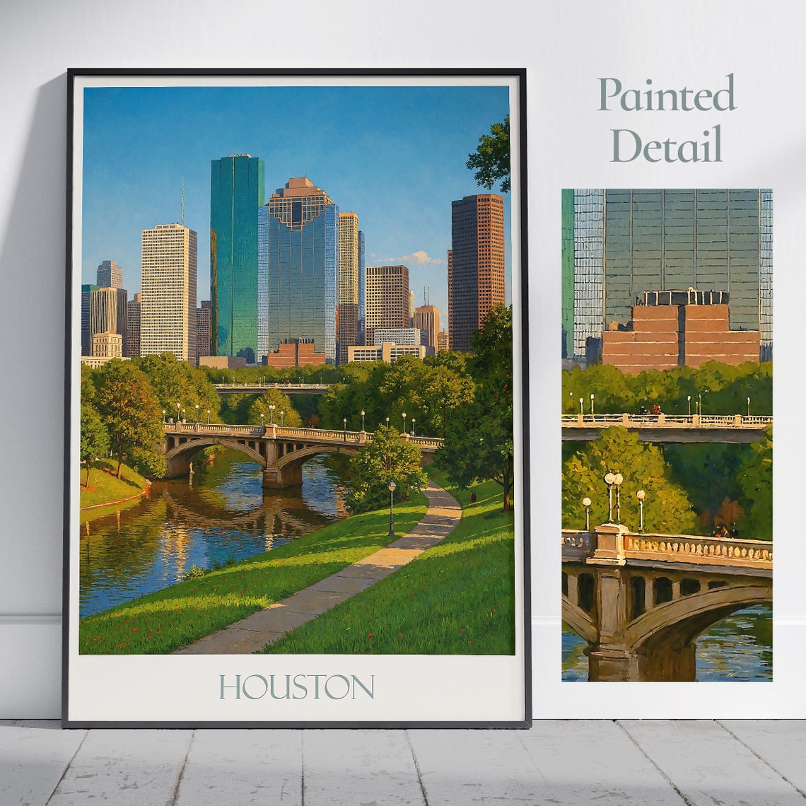 Houston Travel Poster Texas Cityscape Art Print Painted Wall Decor Framed Personalized Gift