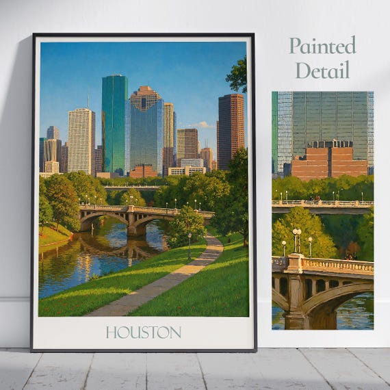 Houston Travel Poster Texas Cityscape Art Print Painted Wall Decor Framed Personalized Gift