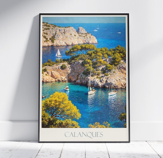 Calanques France White Cliffs Sailboats Turquoise Cove Poster
