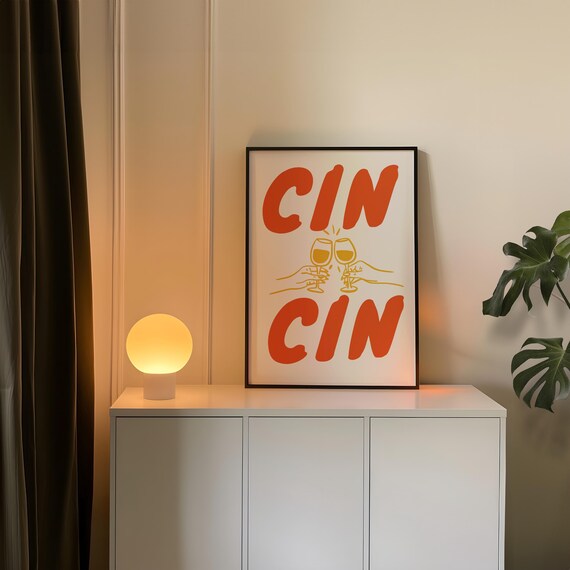 Cin Cin Wine Glasses Cheers Italian Toast Retro Kitchen Bar Poster
