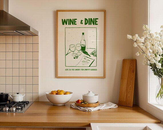 Wine & Dine Green Retro Wine Glasses Bar Cart Kitchen Wall Poster