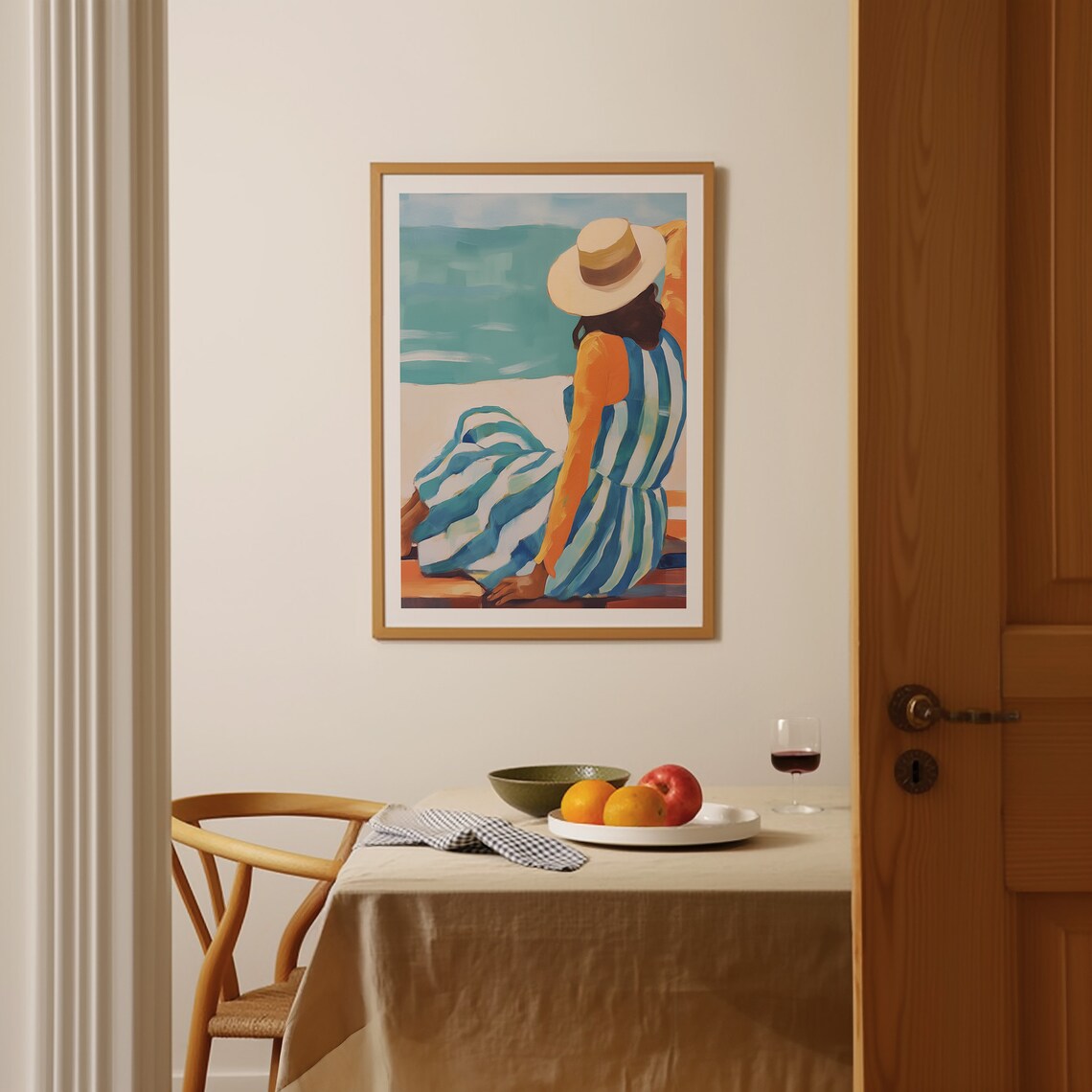 Woman in Striped Dress and Sun Hat Gazing at the Sea Summer Poster - Image 2