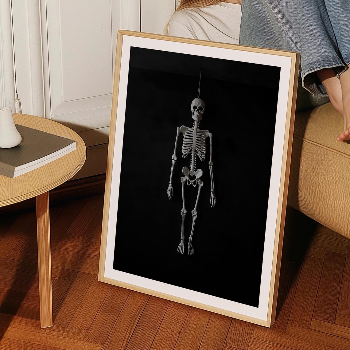 Hanging Skeleton on Black Background Spooky Minimal Halloween Poster - Image 2