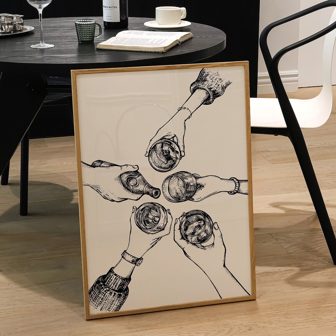 Cheers Wine Glasses Toast Black Ink Sketch Celebration Poster - Image 5