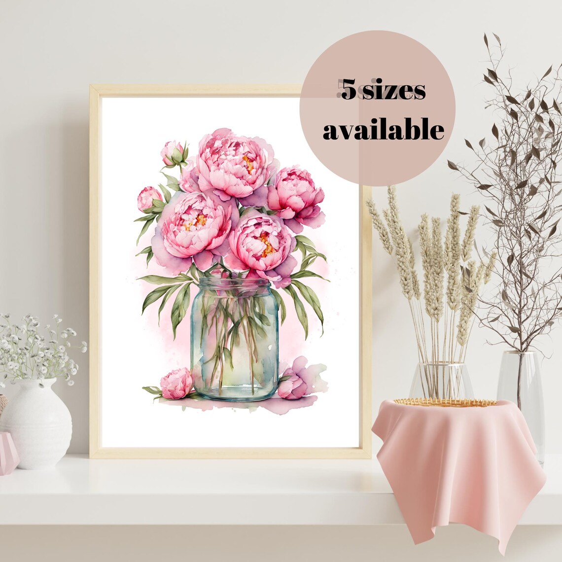 Pink Peonies Watercolor Bouquet Glass Jar Floral Home Decor Poster - Image 3