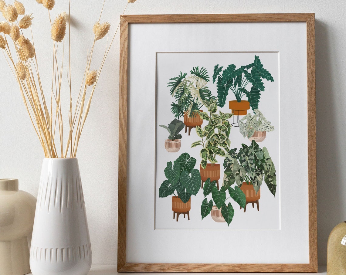 Potted Houseplants On Slim Metal Stands Modern Botanical Art Print