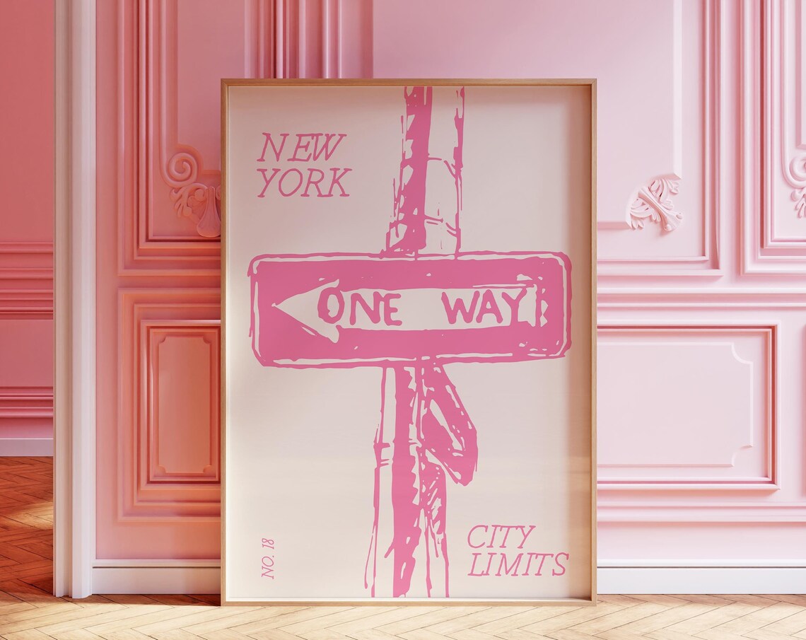 New York City Limits Pink One Way Street Sign Urban Wall Poster