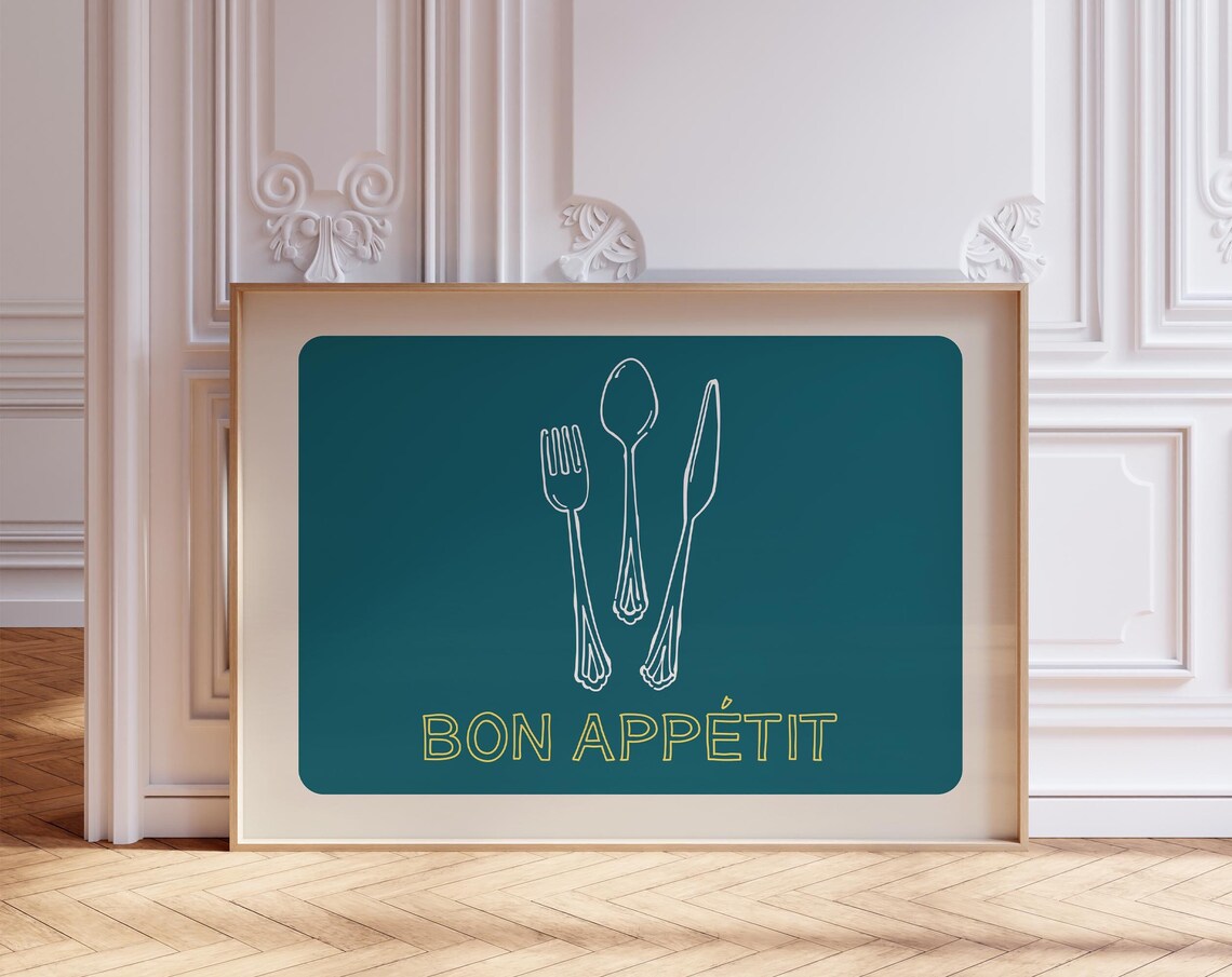 Bon Appetit Teal Utensils Line Art French Kitchen Dinner Poster