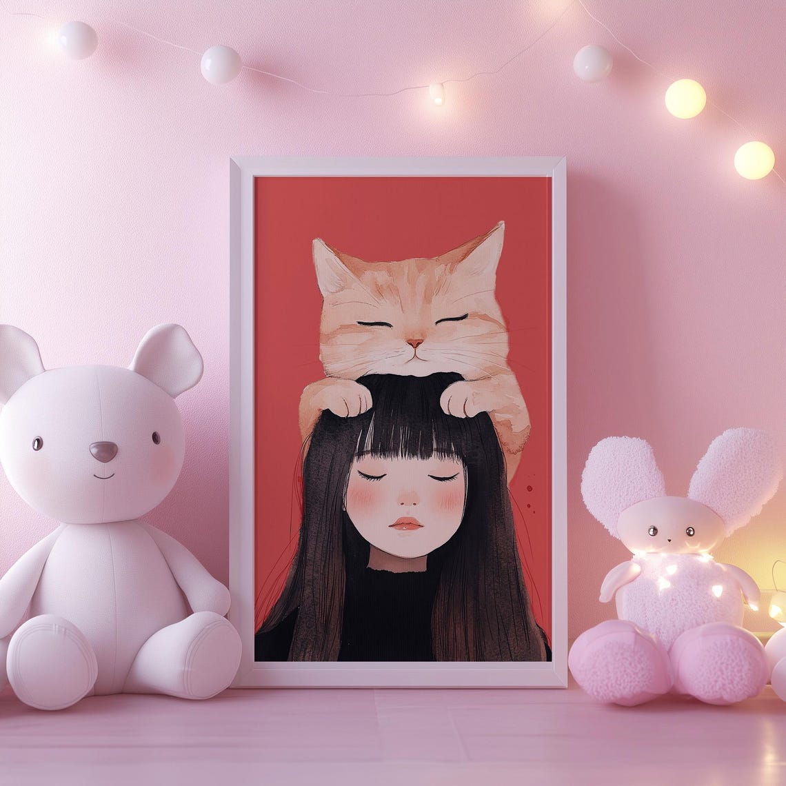 Ginger Cat Resting On Sleeping Girl Watercolor Nursery Wall Art - Image 2