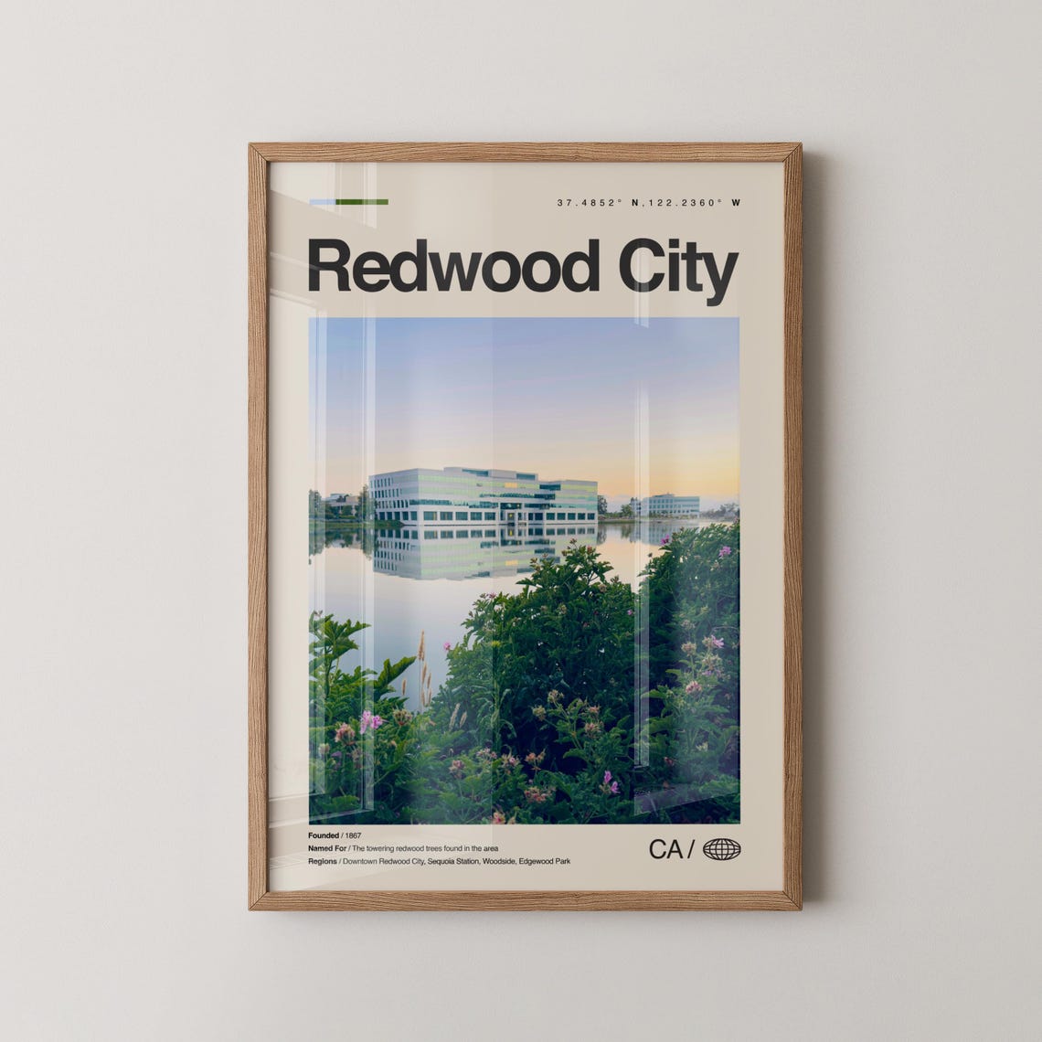Redwood City California Waterfront Reflection Minimalist Travel Poster