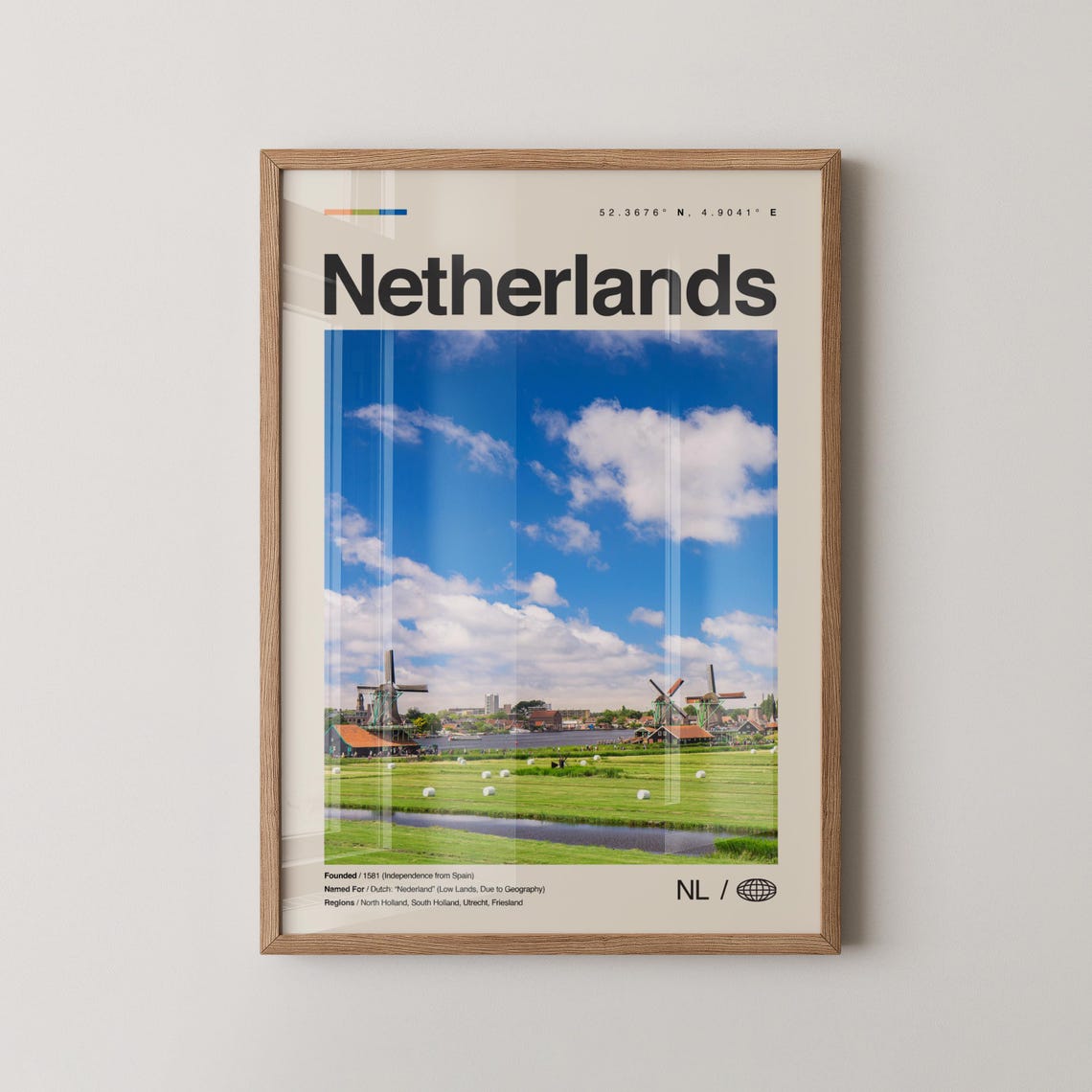 Netherlands Dutch Windmills Green Fields Photo Map Travel Poster