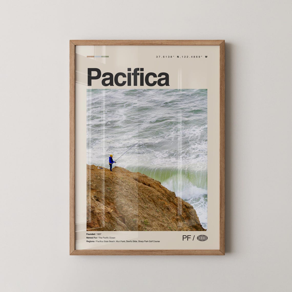 Pacifica California Ocean Cliff Fisherman Surf Coast Travel Poster