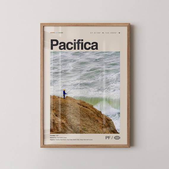 Pacifica California Ocean Cliff Fisherman Surf Coast Travel Poster