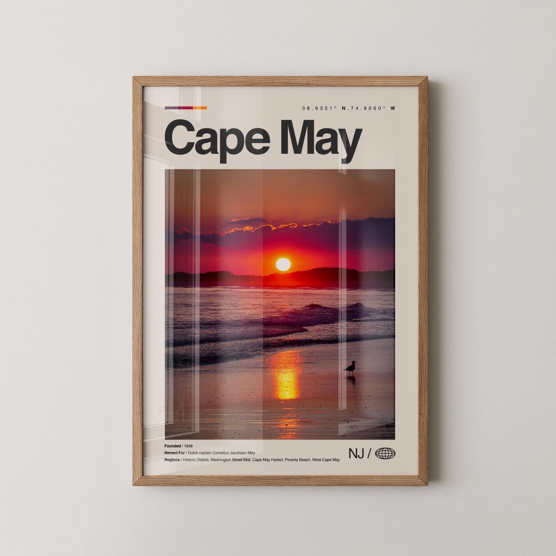 Cape May New Jersey Beach Sunset Seagull Minimalist Travel Poster