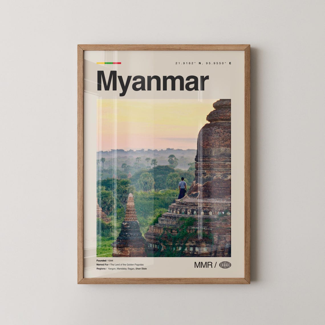 Myanmar Bagan Ancient Temple Pagodas Sunset Travel Photo Poster