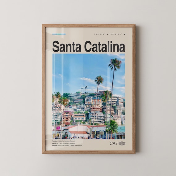 Santa Catalina Island Travel Poster Avalon Harbor Palm View Scene