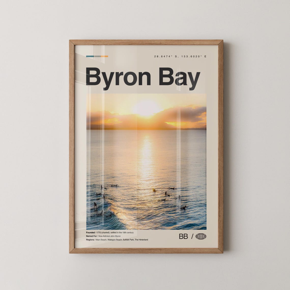 Byron Bay Australia Sunset Surfers On Ocean Waves Photo Travel Poster