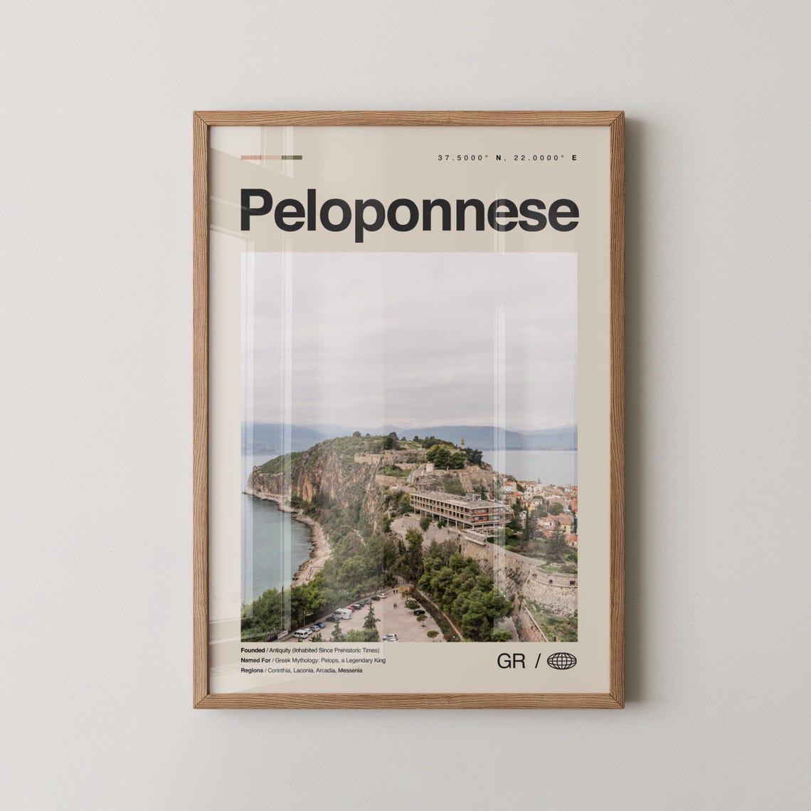 Peloponnese Greece Coastal Cliffs Town Aerial Map Travel Poster